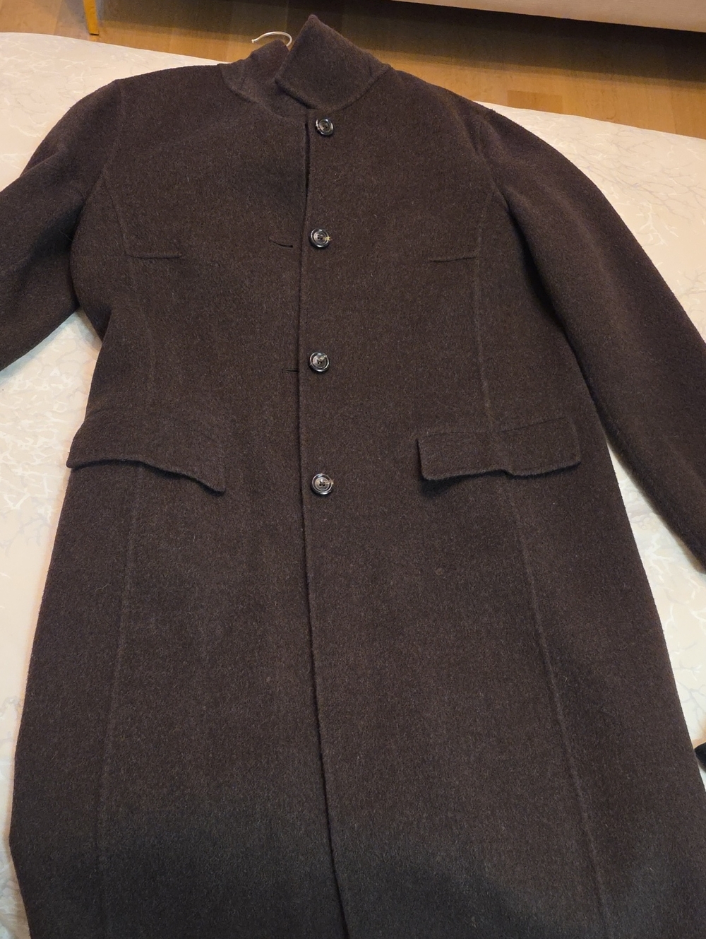 Rene Lezard Dark Brown Wool Pea Coat with Stand Collar